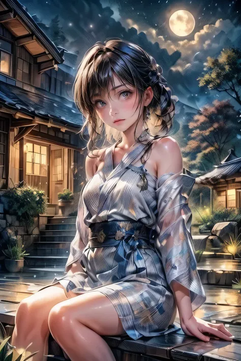 beautiful cute young girl, middle-breasts, beautiful details(face,hair,shoulder,eyes,longeyelash,lips),bangs,bare-shoulder,sitting on the porch of a thatched roof swaying in the night breeze,turn off the lights,a girl wearing off a front open yukata lookin...