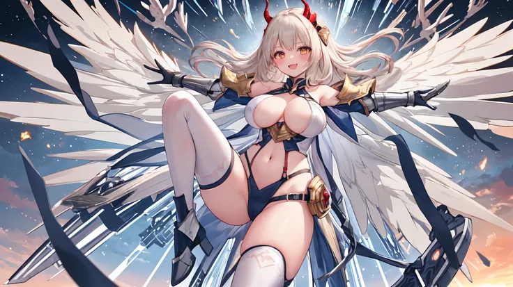 fantasy, 1devil_girl, low_teen, platina_blond_hair,long_bangs, bare_shoulder, navel out, thighhighs,silver_armor, red_wears,waist_armor, Glebe, hold_swords, large_tits, dynamic_floating_pose,Floating,(pelvic_curtain:1.3), silver_Headgear ,looking_down_at_s...