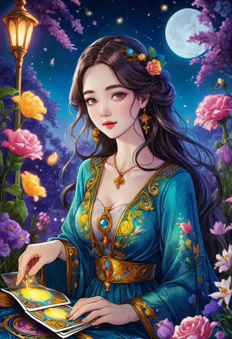 Tarot Cards, beautiful, a girl reading Tarot Cards,Smiling girl,Beautiful details,Detailed lips,Tarot Cards,Ancient Tarot Decks,illustrated Tarot Cards,Vibrant colors,Mysterious atmosphere,Magic Garden,Flowers Bloom,moonlight,Night Sky,Soft glow,Artistic O...