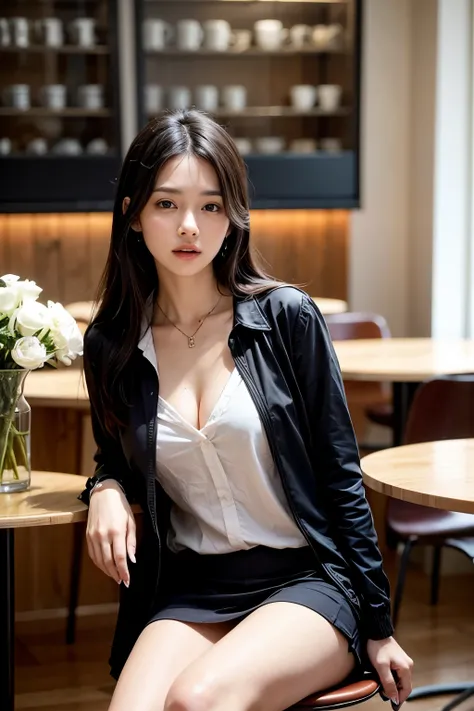 NSFW, A beautiful Asian woman sitting on a black chair in an indoor cafe. She is wearing a Fit white collared shirt under a jacket and a black short skirt and luxury jewelry necklace and earring. Straight Medium breasts. She has long dark hair and is looki...