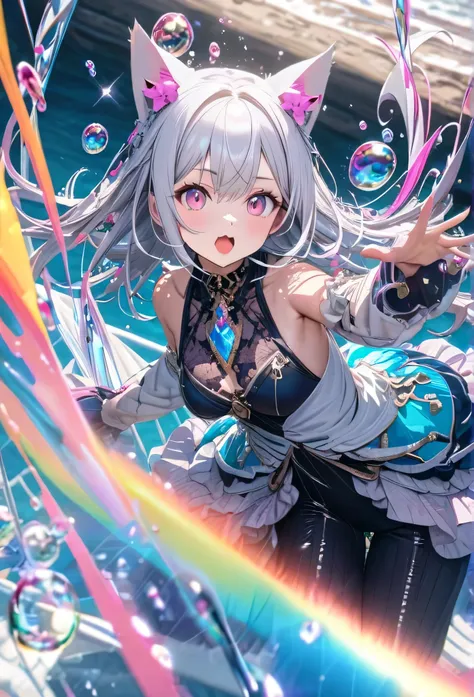 Very detailed, 8k,Glass Crystal, bubble, Nice, bright、Splash,Cat ears,girl,Silver Hair,Inner Pink,Pink Eyes