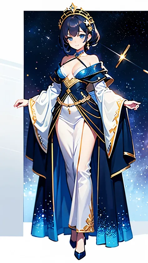 (Masterpiece, best quality), detailed, 1girl, ((character concept art,)) many items, light blue gradient eyes, space and sparkling stars,Navy hair with space and sparkling stars, small breasts, full body, gentle smile,( Very mysterious costume), white back...