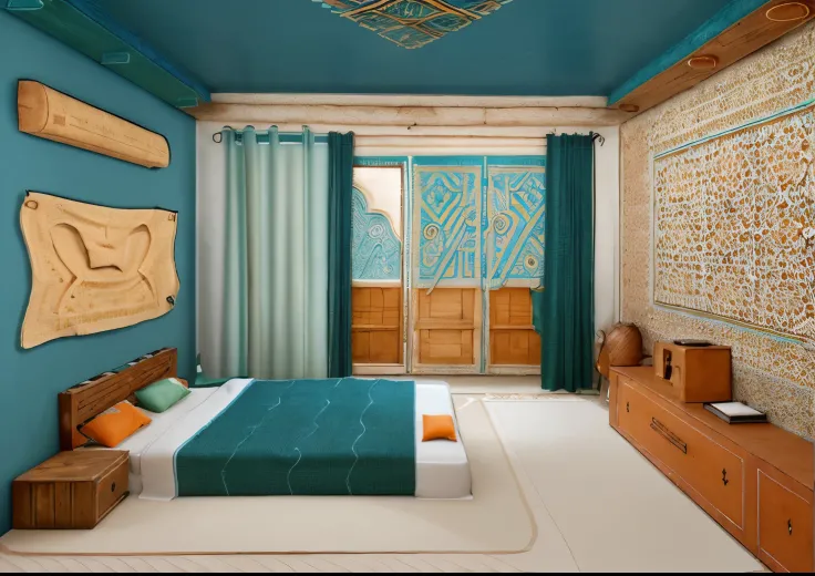 I want a room with a Moroccan style, with handcrafted patterns: zelij and broderie.. by adopting the colors : blue , Green , wood chain color, white and orange. 