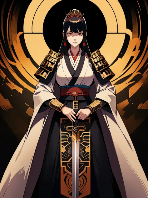 realistic full body portrait of a woman wearing japanese armor and holding a sword, 1girl, detailed facial features, intricate armor, black long hair, magatama necklace, golden tiara, obi sash, haori overcoat, dramatic lighting, cinematic mood, vibrant col...