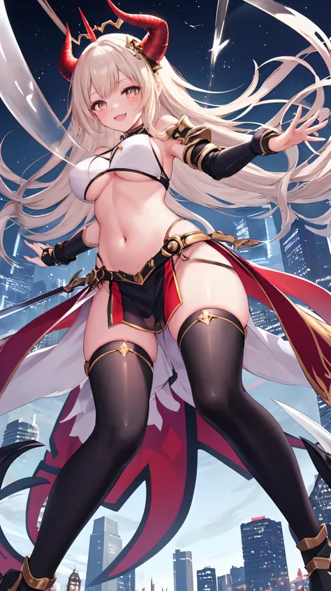 fantasy, 1devil_girl, low_teen, platina_blond_hair,long_bangs, bare_shoulder, navel out, thighhighs,silver_armor, dark_red_wears,waist_armor, Glebe,large_tits, dynamic_floating_pose,Floating,(pelvic_curtain:1.3), gold_Headgear ,looking_down_at_sunrise_city...