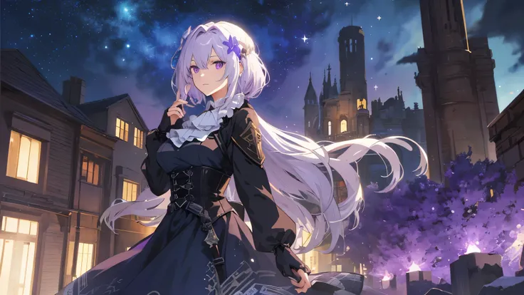 (best quality:1.3), (masterpiece:1.3), (illustration:1.3), (ultra-detailed:1.3), 1girl, (large breasts), (purple eyes), (white hair), hair ornaments, tall, mature, long hair, solo, black suit, ascot, long sleeves, skirt, hair between eyes, purple flowers, ...