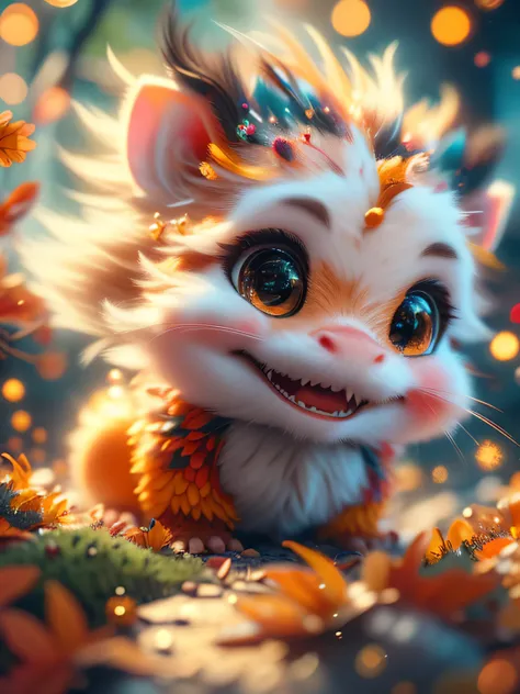 Magical Fantasy Creature, (best quality, masterpiece, Representative work, official art, Professional, Ultra high detail, 8k:1.3) super cute, big-eyed, with a soft, gentle nose, fluffy, smiling with two teeth, pygmy possum on a natural background, realisti...