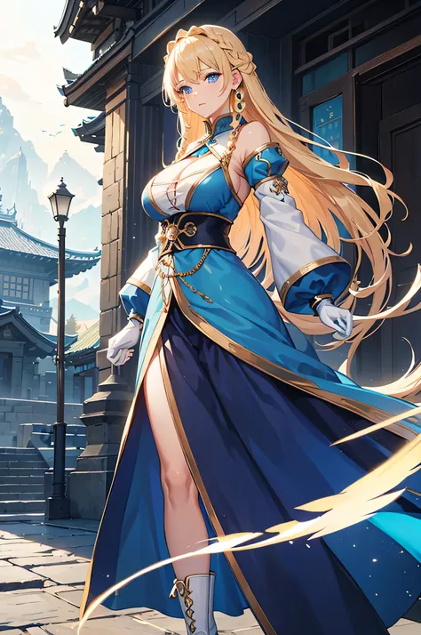 4K,High resolution,One Woman,Blonde,Long Hair,Braids,Blue Eyes,Big Breasts,Swordsman,Blue Chinese dress,White sleeves,White gloves,Black boots,Jewelry decoration,Long Sword,Medieval temple