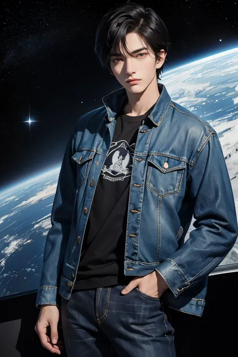 One handsome man。Detailed drawing of faces。Black Hair。Twenty years old。He is looking at the camera with a serious expression。He is wearing blue jeans and a jacket.。In the space behind him, there is an image of two planets in outer space.。Masterpiece。