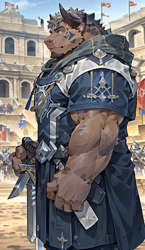 hairy，（bulls, darius，armor：1.3，Holding a long sword：1.3) ，(holding a sword：1.3），warrior，male，Common，holding a sword，in game，Side view，Real background，Extremely lifelike shadow，masterpiece，Very detailed，lifelike ,darius , bulls