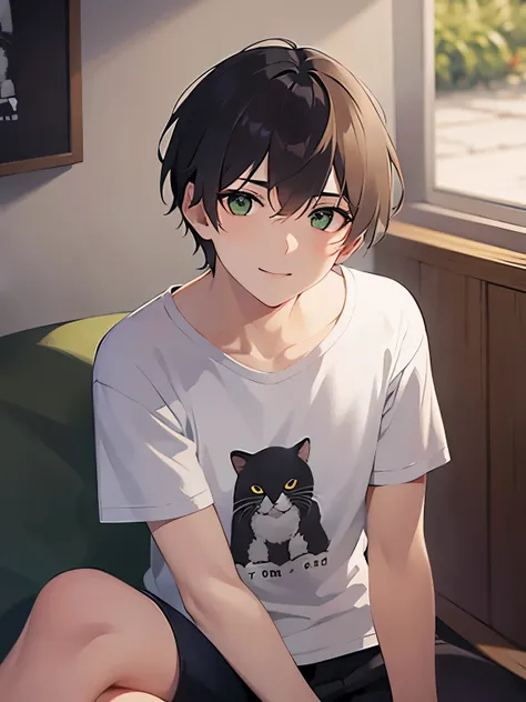 Close-up of your face、shiny skin, masterpiece、Best Quality、(2 male:1.5) and (Brown short hair) and (green eyes), (White T-shirt)、smile, The background is a sofa、(Alone:1.5)、Sitting