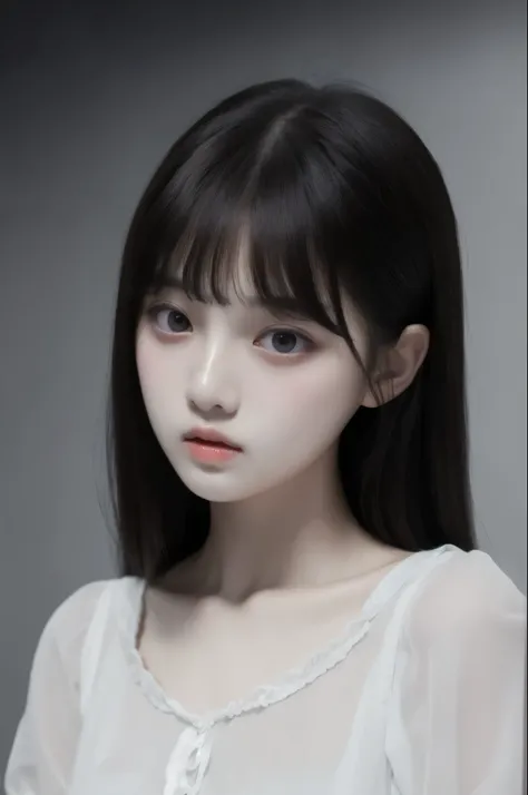 masterpiece, best quality, (dark photo:1.3), photorealistic, 1girl, flat bangs, stunning innocent symmetry face, shirt, emotional, ulzzang, (PureErosFace_V1:0.7)