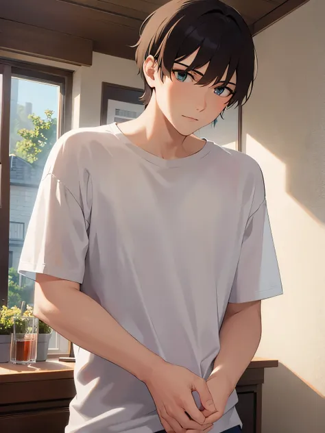 Close-up of your face、shiny skin, masterpiece、Best Quality、(2 male:1.5) and (Brown short hair) and (green eyes), (White T-shirt)、Serious expression, The background is the living room、(Alone:1.5)、Standing