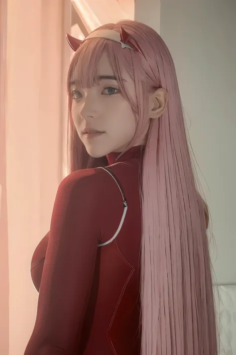 ((best quality)),((highly detailed)),masterpiece,absurdres,detailed face,beautiful face,((detailed eyes, deep eyes)),(1girl),((dynamic pose)),   Zero_Two, green eyes, 1girl, solo, red bodysuit, long hair, pilot suit, pink hair, bodysuit, straight hair, hai...