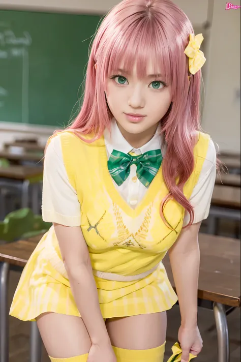 laladevilluke, lala deviluke, long hair, pink hair, tail, ahoge, bangs, hair ornament, (green eyes:1.5), smile,, (((pink hair,))
BREAK demon tail, green skirt, plaid, plaid skirt, sainan high , , skirt, sweater vest, thighhighs, (yellow sweater:1.5), short...