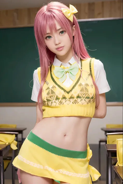 laladevilluke, lala deviluke, long hair, pink hair, tail, ahoge, bangs, hair ornament, (green eyes:1.5), smile,, (((pink hair,))
BREAK demon tail, green skirt, plaid, plaid skirt, sainan high , , skirt, sweater vest, thighhighs, (yellow sweater:1.5), short...