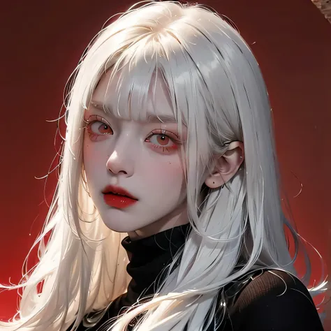 Analog style, RED eyes, white straight hair with straight bangs, red turtleneck , feminine, female, sexy, beautiful, BADASS, looks evil, cool, female fatale, ethereal , red background, Evil, menacingly , siren eyes, piercing eyes, intimidating , mature fac...