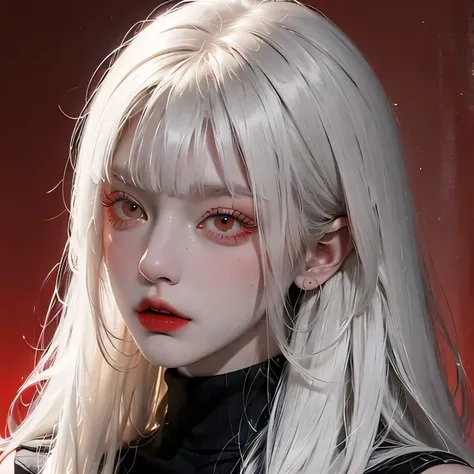 Analog style, RED eyes, white straight hair with straight bangs, red turtleneck , feminine, female, sexy, beautiful, BADASS, looks evil, cool, female fatale, ethereal , red background, Evil, menacingly , siren eyes, piercing eyes, intimidating , matured