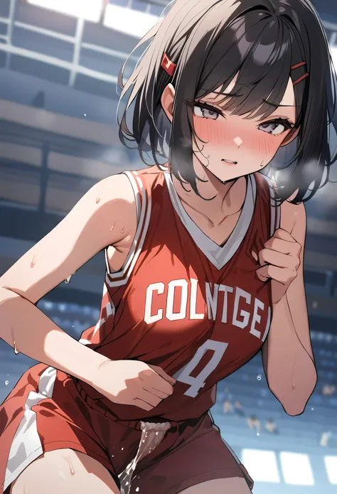 1woman,(college age),One Curl Bob Cut ,black hair,red hairpin,gray eyes,Heavy breathing、,masterpiece,best quality anime:1.3,cowboy shot,portrait,medium breasts,basketball uniform,sweat:1.3,(incontinence),run、During the match、gym、School、nsfw,