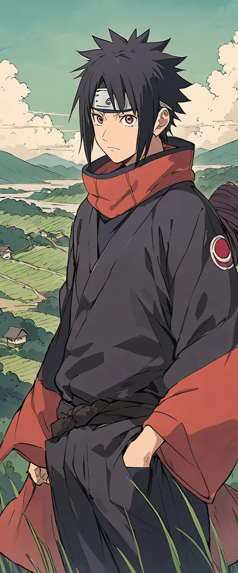 ADULT OBITO UCHIHA FROM NARUTO SHIPPUDEN WEARING AKATSUKI OUTFIT AND LOOKING TO KONOHA FROM A HILLTOP, IN STUDIO GHIBLI ART STYLE
