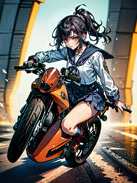 masterpiece, Highest quality, High resolution,alone, Very detailed,Detailed bike,Accurate human body、Knowledgeable person、Correct five-finger,Sailor suitを着たアニメの女の子が、Riding a motorcycle, Fluffy ponytail,Japanese girls uniform, Japanese School Uniform, high ...