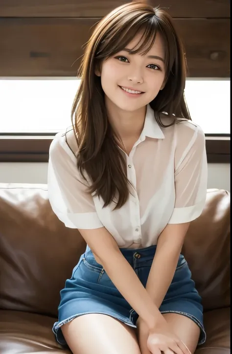 looking up from the thigh, Young woman, medium-length hair, mini skirt, casual blouse, sitting cross-legged, gentle smile, hands resting, warm room, natural light, visible sheen on thighs, slightly damp. 