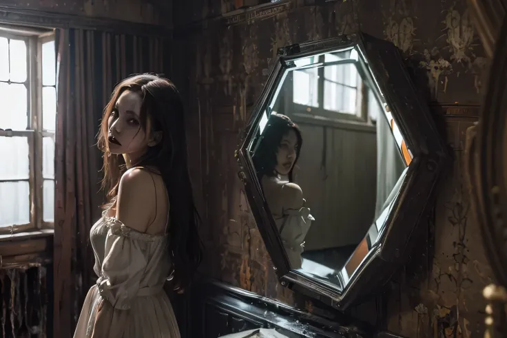 (masterpiece:1.4),best quality,ultra high res,(photo realistic:1.6),(Horror:1.6),(Octagonal mirror:1.4),Abandoned house,Creepy