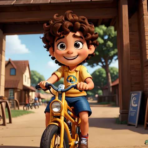 A  with short, slightly curly brown hair riding a bike. He has a big smile, showing excitement and pride. The scene is rendered in Pixar&#39;s 3D animation style., with detailed textures and realistic lighting.