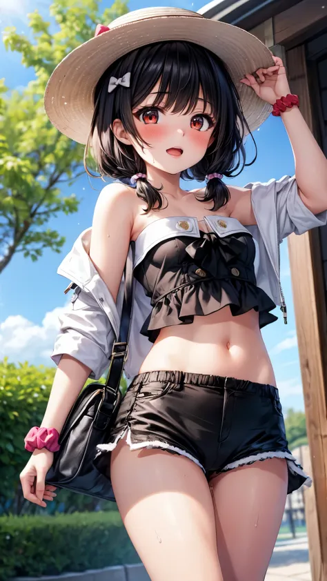 best quality,4k,8k,1girl,small breasts,orgasm,blush,sweat,vikalasu, bare shoulders, midriff, crop top, black bow, sun hat, hair ...