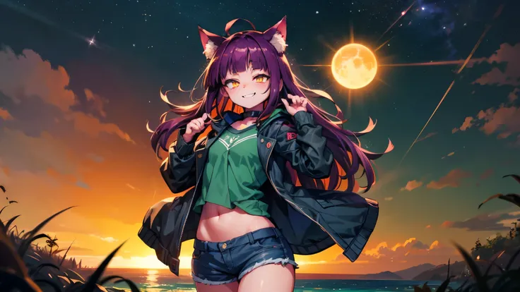 photorealistic, 1 girl, rich purple hair, orange fox ears (1,7), flat chest (1,7),Glowing dark orange eyes (1.4), cat pupils (2), sandy beach, denim shorts, narrow waist (2), happy eyes,cute posing, flirting(1.6), sweet smile, beautiful starry sky, sun beh...