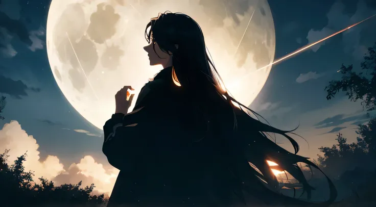 masterpiece, Best Quality, night, hills, cloud, full moon, Long Hair, woman, silhouette, Firefly.