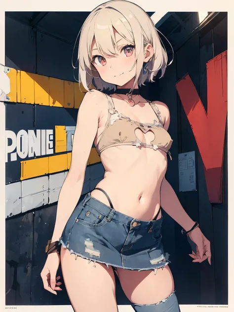 (Superflat, Flat Shading, Flat Color:1.1)、(Magazine Cover)、Illustration、(Beautiful platinum blonde hair、Short Hair、American boyish girl)、Spread your legs、smile、Draw the beige underwear crotch so that it is visible..、Skirt flip、((Ripped and tattered denim s...