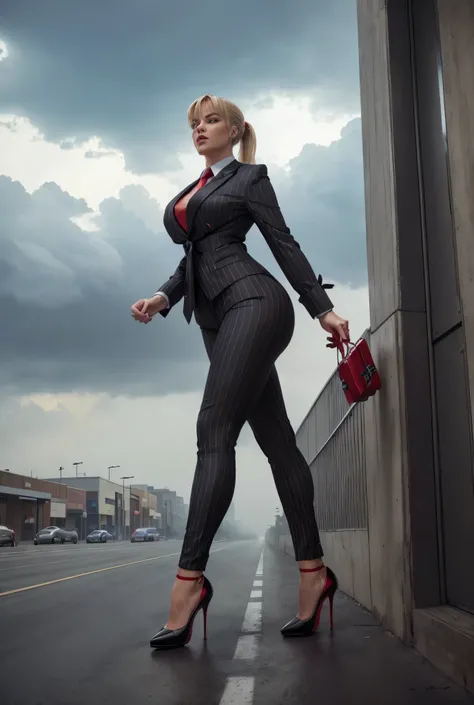 Two women aged 20 each wearing grey pinstriped trouser suits, white shirts heels and a larger paisley necktie. Large breast Young adult 1 woman, beautiful curves a massive curvy thighs blonde ponytail red lips wearing a perfect crimson pinstriped suit and ...