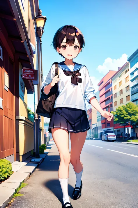 ((Best Quality)), ((masterpiece)), (detailed), 1 boy, cute, girly face, excited expression, sailor uniform, white socks, black penny loafers, sweat body, walking in the city,