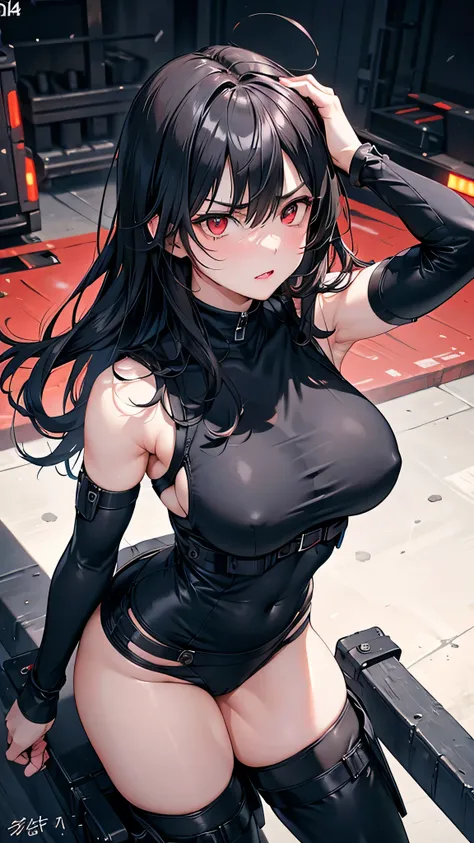 8k resolution,((Best Quality)),Ultra-high resolution,Adult women, Alone, sexy, (Angry face), (Deep red eyes), A beautiful, symmetrical face, (Black messy long hair),Military vest,Combat body suit,Combat Cargo Pants,Realistic:1.4,Realistic:1.4,(masterpiece:...