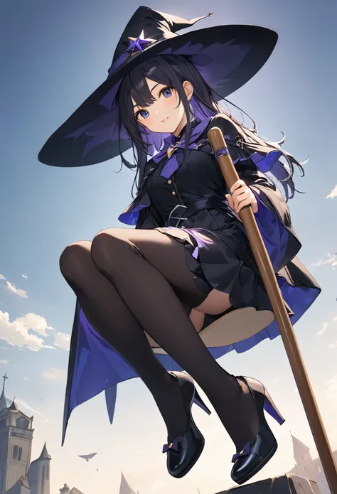 Dough, Thick Paint,(Amazingly absurd)),(masterpiece:1.2),超High resolution, Attention to detail, high quality, High resolution, 最high quality, 4K, 8k、Wizard、((Sitting on a cane))、((Flying)),View from below、cute、Black witch outfit、Black witch&#39;s tricorn h...