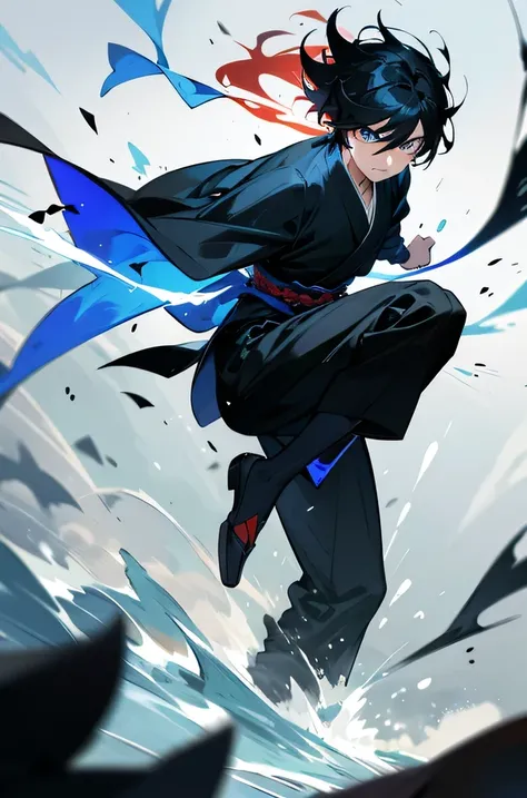 Concentrated and strong expression, Black Haired Boy, Black kimono with red accents, Dynamic fighting poses, Kicking posture with water on, Staring ahead with a sharp gaze, Sparkling blue eyes, Light and shadow play dramatically around the characters., Pra...