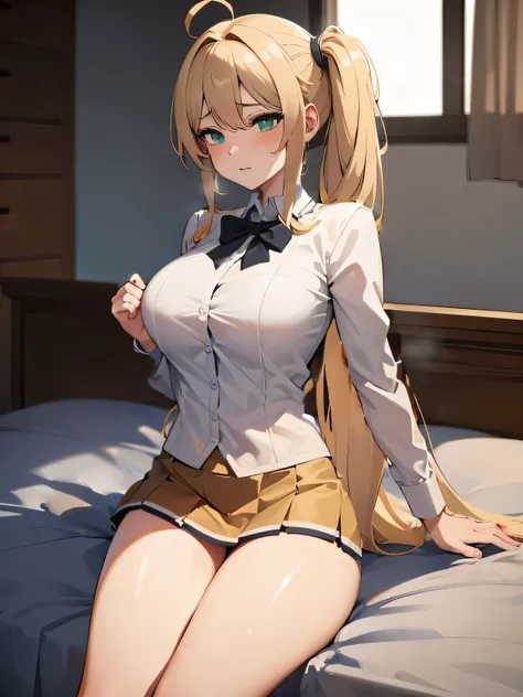 (1girl:1.3), Masterpiece, Best quality, amazing beauty, 4K, absurdres, finely detail, super detailed eye, perfect anatomy, official art, cinematic lighting, BREAK, kitchen, silky side ponytail, ahoge, blonde, super shiny detailed green eyes, embarrassed, B...