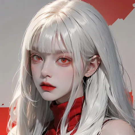 analog style, red eyes, white straight hair with straight bangs, red turtleneck , feminine, female, sexy, beautiful, badass, loo...