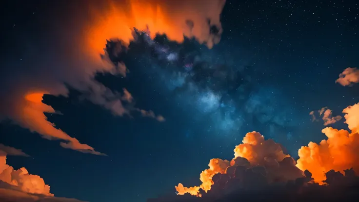 Create a fantastic image using only blue and orange on a black background.。The image does not include people、Draw a night sky above the clouds。The night sky uses a blue and orange gradation.、Create a mysterious and beautiful space。