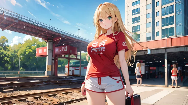 Blonde、Long Hair、Green Eyes、Red T-shirt、Shorts、Large Breasts、((background、Standing on the station platform))