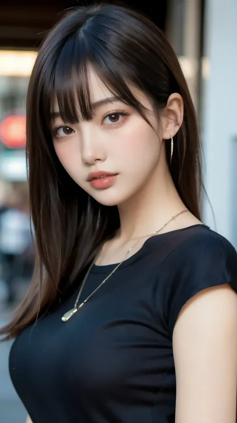 8k,Best Quality,(masterpiece:1.2),(Realistic),(Realistic:1.37),Ultra-high resolution,1 female university student,Droopy eyes,Beautiful teeth alignment, Looking down from above,Well-formed fingers,Shinjuku,(((Cute casual clothes))),Big Breasts,Perfect body,...