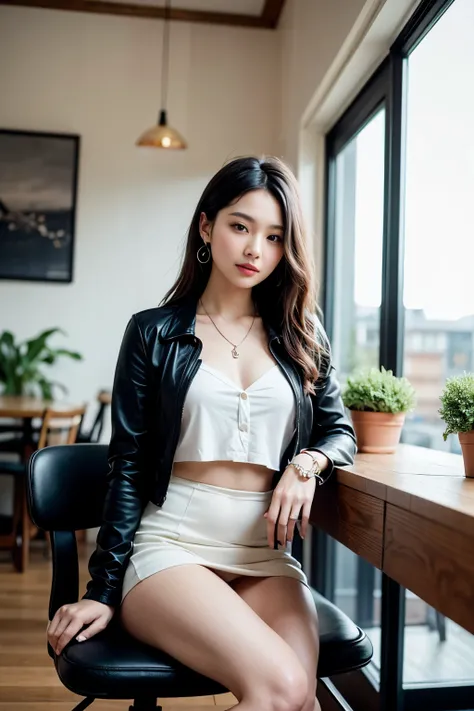 A beautiful Asian woman sitting on a black chair in an indoor cafe. She is wearing a Fit white collared shirt under a jacket and a black short skirt and luxury jewelry necklace and earring. Straight Medium breasts. She has long dark hair and is looking dir...