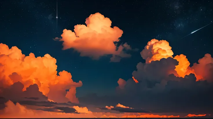 Create a fantastic image using only blue and orange on a black background.。The image does not include people、Draw a night sky above the clouds。The night sky uses a blue and orange gradation.、Create a mysterious and beautiful space。