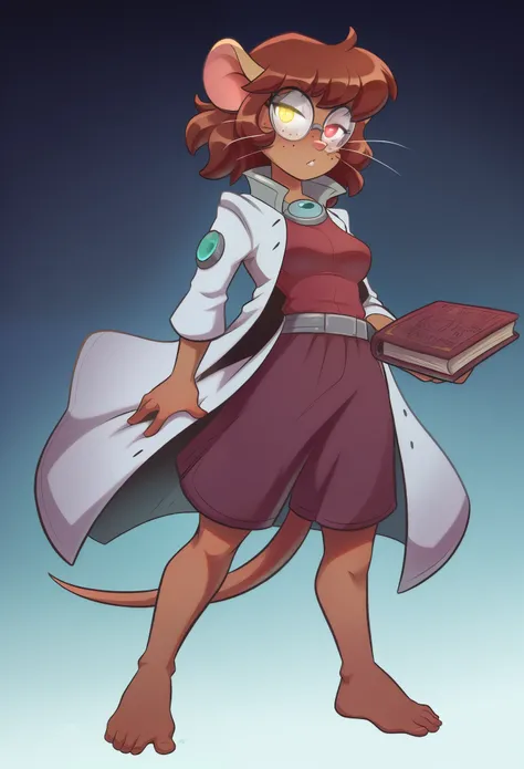 A smart and nerdy, yet cute young woman with dark chocolate brown skin stands confidently while holding a book. She is dressed in a delicate lab coat that drapes over a red undershirt, creating a subtle but vibrant contrast. Her face is framed by soft, sli...