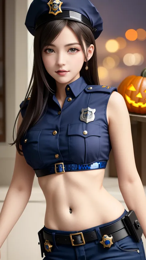 {Top Quality, Masterpiece}, (Realistic: 1.3), Wallpapers, ultra high res, ultra high quality, BREAK {{{FF7, Tifa_lockhart, solo}}}, Ultra-detailed face, Detailed eyes, Red eyes, (black brown hair, Large breasts: 1.0), (she is wearing a sexy police-uniform:...