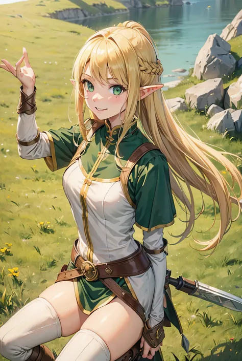 One Girl, Long Hair, smile, blonde, Green Eyes, warrior, grassland, Best Quality, High Resolution Model, Elf, Wide angle,