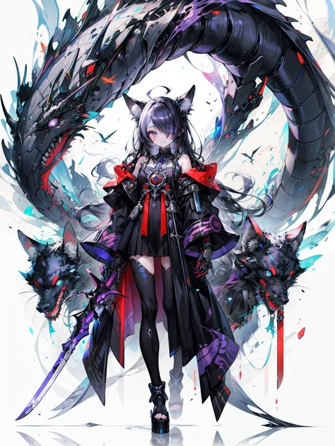 Engineering Drawings, Thin line pen drawing, dark, Futuristic silhouette of a black dragon cyborg girl, whole body, Long flowing coat, Wields a giant greatsword with a mechanical blade, Standing on a reflective surface against a minimalist light grey backg...
