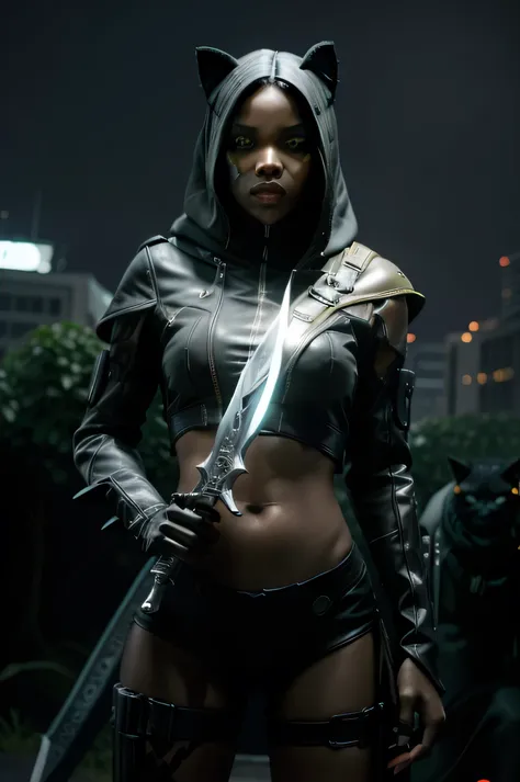 sci fi rogue, black female cat hybrid furry, holding a futuristic dagger, with a hood, enemy monsters in the background, realism...