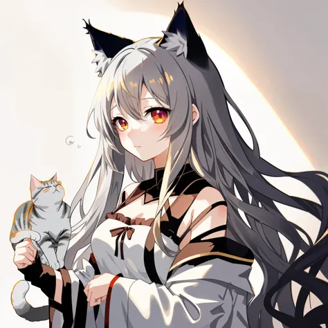 1girl, anime, medium_breasts, wavy_long_hair, gray_hair, cat_ears, loose_white_pajama_dress, gold_eyes, waking_up, white abstract background, cheerful, looking_at_viewer